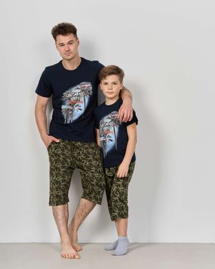 Чоловічий комплект з шортами хакі - листя - Family look батько/син, Темно-синій, m