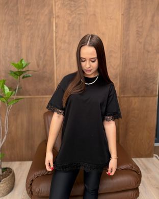Футболка oversize с кружевом 26005-2 Черный в универсальном размере