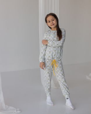 Серая пижама со штанами на девочку - желтые мишки - Family look мама/дочь, Світло-сірий, 3-4