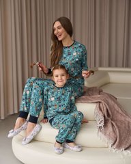 Подростковая пижама со штанами - зверюшки - Family look мама/дочь, Темно-бірюзовий, 8-9