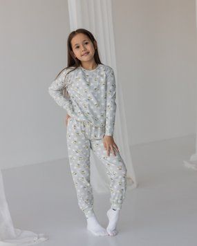 Сіра піжама зі штанами на дівчинку - жовті ведмедики - Family look мама/донька, Світло-сірий, 5-6