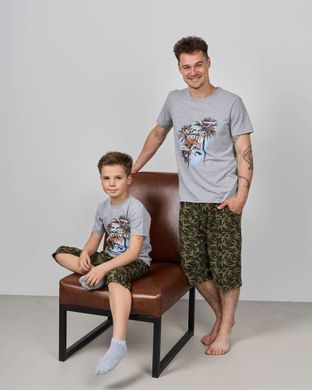 Комплект з капрі підлітковий - листя на шортах - Family look батько/син, Світло-сірий, 8-9