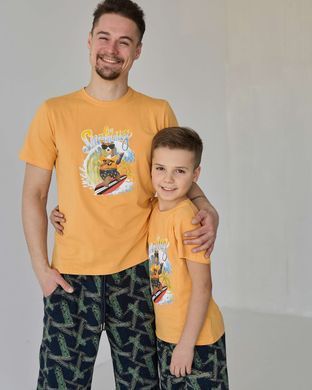 Подростковый комплект с шортами на мальчика - Мишка на серфе - Family look папа/сын, Жёлтый, 10-11