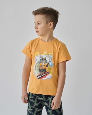 Подростковый комплект с шортами на мальчика - Мишка на серфе - Family look папа/сын, Жёлтый, 10-11