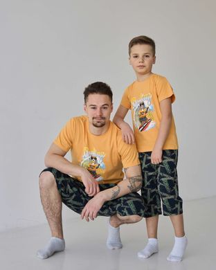 Подростковый комплект с шортами на мальчика - Мишка на серфе - Family look папа/сын, Жёлтый, 10-11