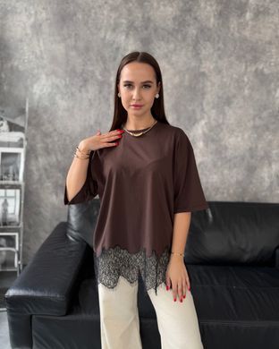 Футболка oversize с кружевом волной 13005-4 Шоколадный в универсальном размере